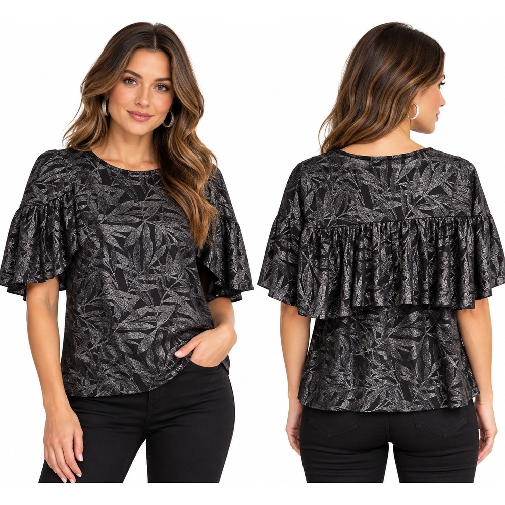 Eva Franco Womens L Black Silver Metallic Floral Ruffle Blouse Top Whimsigoth